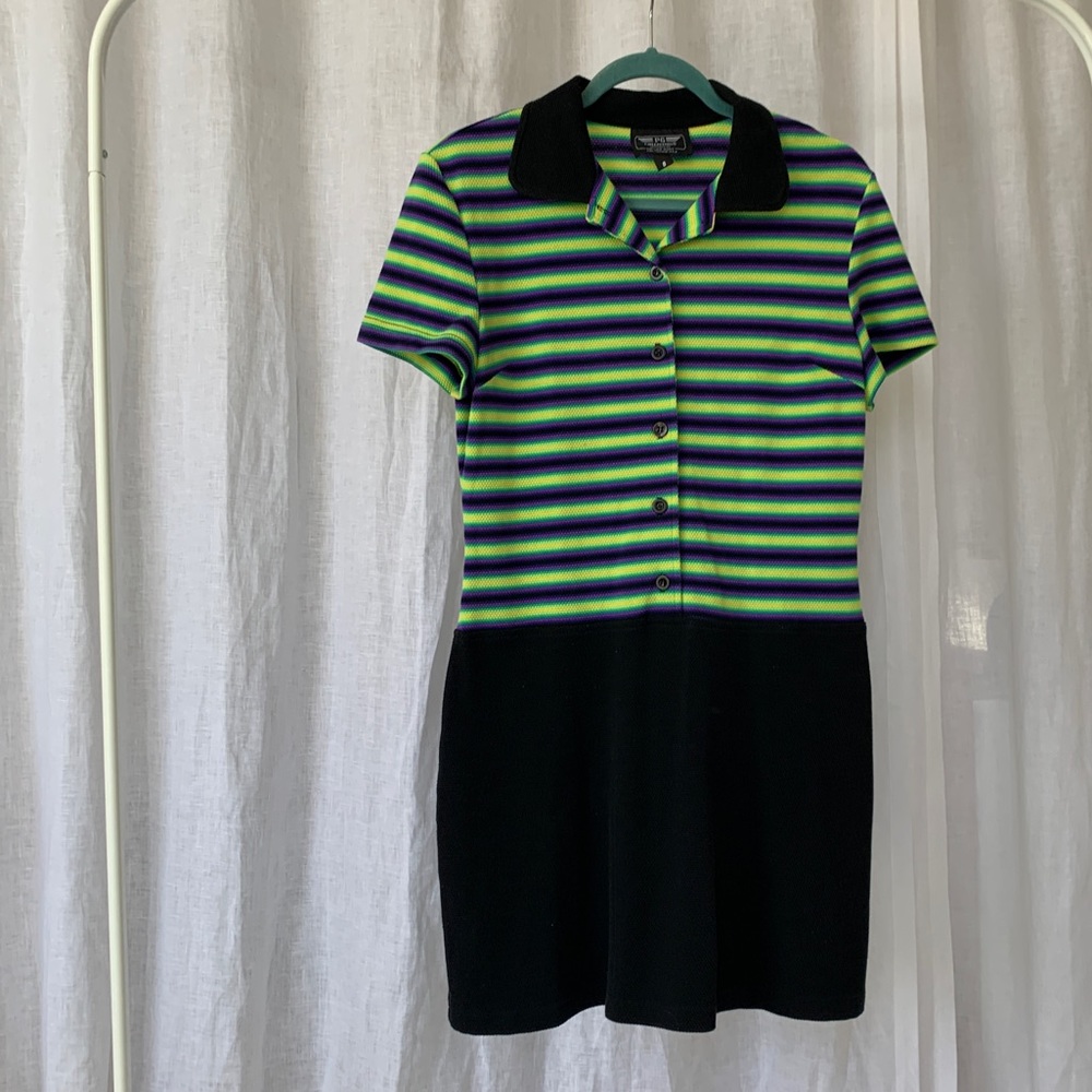 Vintage neon striped button-up collar mini dress